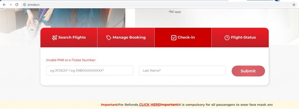 screen shot of Air india Web check in